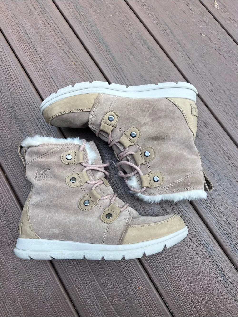 Sorel Explorer Joan  Beige Suede Faux-Fur Lined Ankle Boots